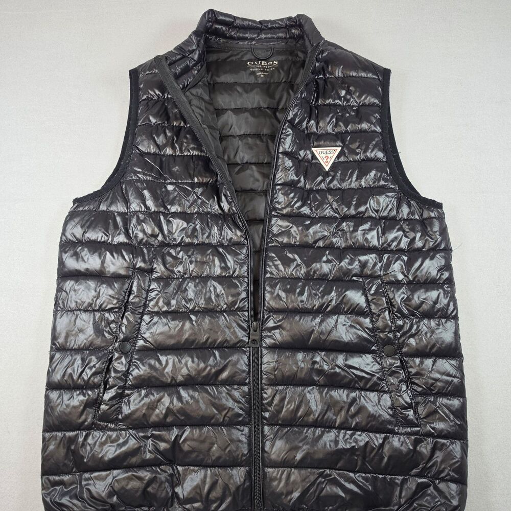 GUESS Men's Puffer Vest Size M Black Quilted Full Zip Insulated